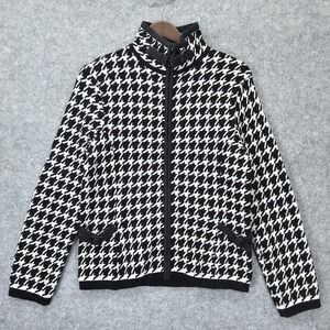 Houndstooth Sweater Jacket Womens S Black White‎ Wool Zip Moto Biker MICHEL RENE